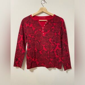 Y2K Printed Mandala Red and Black Henley Shirt V-neck Whimsigoth Goth Vamp Boho